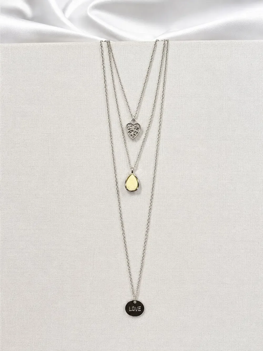 Silver Tone Layered Love Necklace Hammered Heart Druzy Teardrop Pendant NWT